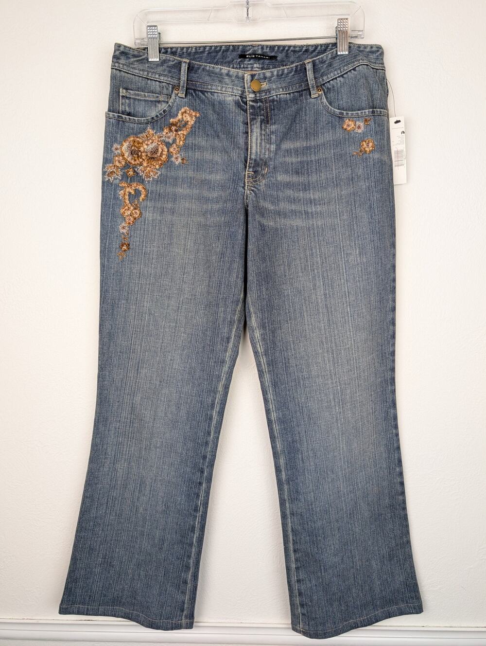 Elie Tahari Nicky Jeans Denim Floral Beaded Embellished Embroidered Blue Size 12